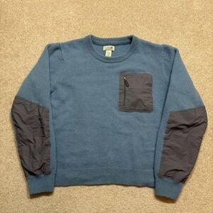 LL Bean Sweater Mens Large Blue Merino Wool Crewneck Zip Pocket Elbow Patches